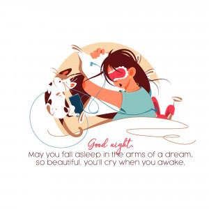 Illustration of a woman sleeping with a cat, with the text 'Good night'