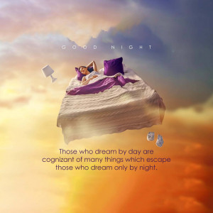 A woman sleeping on a floating bed in the clouds with the text 'Good Night' and a quote about dreaming.