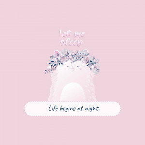 Cute illustration of a white kitten wearing a floral crown with the text 'Let me sleep. Life begins at night.'