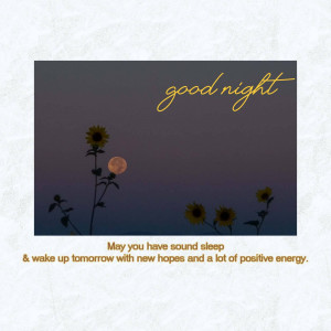 Image of sunflowers silhouetted against a twilight sky with a full moon and the text 'good night'