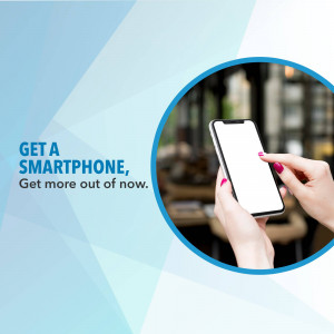 Woman holding a smartphone with a promotional message