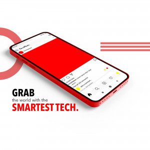 Smartphone displaying the Grab app with a red screen and promotional text.