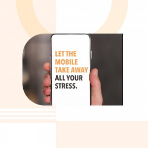 Hand holding a mobile phone with text 'Let the mobile take away all your stress'