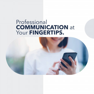 Woman using smartphone with text overlay promoting professional communication.