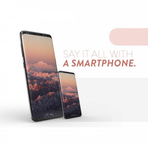 Two smartphones displaying a mountain landscape with promotional text.