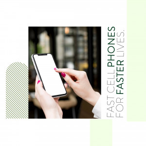 Woman holding a smartphone with a blank screen in a cafe