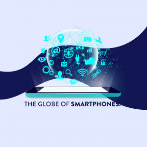 Digital globe with smartphone icons representing global connectivity