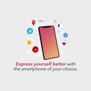 Smartphone surrounded by social media icons and communication symbols