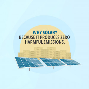 Illustration of solar panels with text highlighting zero emissions.