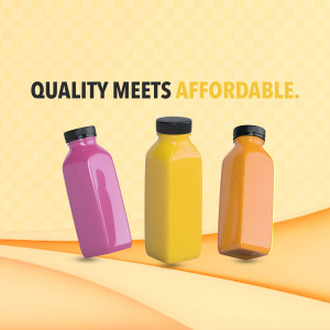 Three bottles of colorful juice on a yellow background with text 'Quality Meets Affordable'.