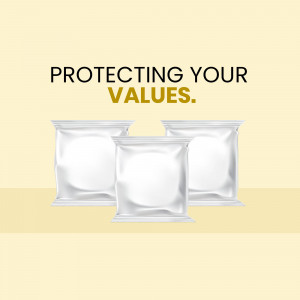 Three white pouches on a yellow background with the text 'Protecting Your Values'.