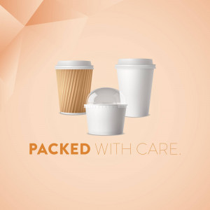 Three disposable coffee cups and a clear plastic container with lids on a peach background.