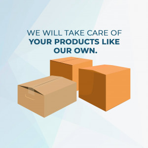 Image of cardboard boxes with text 'We will take care of your products like our own'