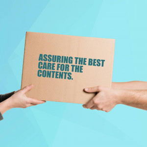 Hands exchanging a cardboard box with text 'Assuring the best care for the contents'.