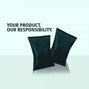 Three dark teal product pouches with reflective surface