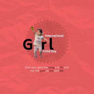 A young girl with arms raised in celebration against a red patterned background with text promoting International Girl Child Day.