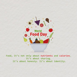 Colorful illustration of fruits and vegetables in a bowl with text 'World Food Day'