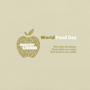 World Food Day graphic with an apple made of text and the words 'Healthy Living'.