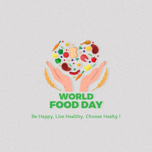 Hands holding a heart shape filled with various healthy foods with the text 'World Food Day'