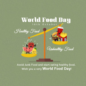 Illustration depicting a balance scale with healthy fruits and vegetables on one side and unhealthy fast food on the other, celebrating World Food Day.