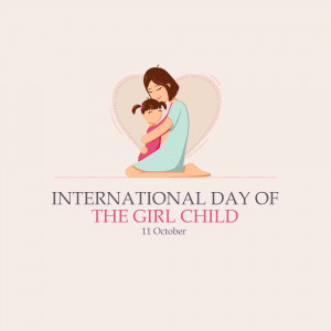 Illustration of a mother hugging her daughter with a heart shape and text celebrating International Day of the Girl Child.