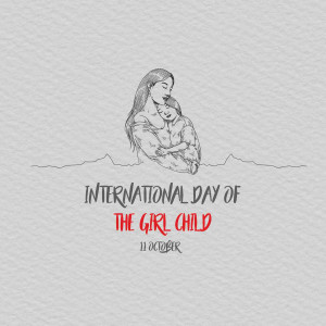 Line art illustration of a mother and child with text 'International Day of the Girl Child'