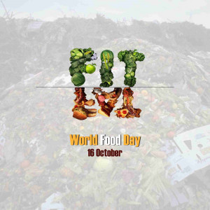 World Food Day message with the words 'Eat Fit' formed from vegetables and fruits.