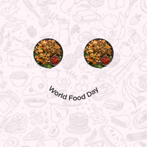 Earrings depicting colorful food arrangements against a pastel background with 'World Food Day' text.