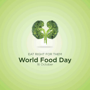 Broccoli shaped like kidneys with text promoting World Food Day