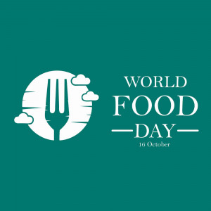 World Food Day graphic with a fork and clouds inside a circle