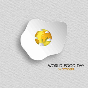 Illustration of a globe shaped like a fried egg with the text 'World Food Day'