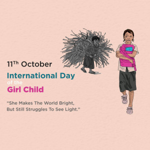 Illustration for International Day of the Girl Child featuring a young girl carrying a bundle of sticks and another girl standing beside her.