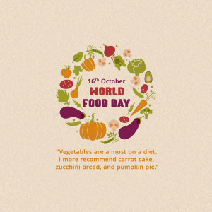 World Food Day graphic with colorful vegetables and fruits arranged in a wreath.