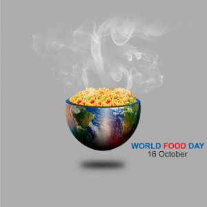 A bowl shaped like Earth with steaming fried rice, celebrating World Food Day.