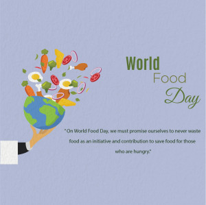 Illustration of a hand holding the Earth with food items floating around it, celebrating World Food Day.