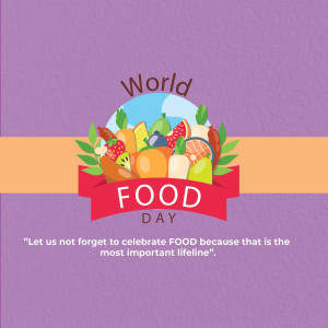 Illustration of a globe surrounded by various foods with a banner reading 'World Food Day'