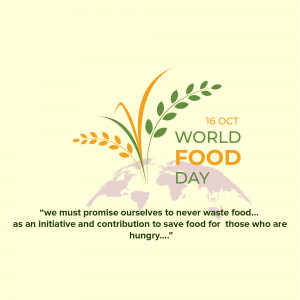 World Food Day graphic with wheat stalks, a globe, and text promoting food conservation.