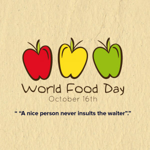 Three apples in red, yellow, and green with World Food Day text