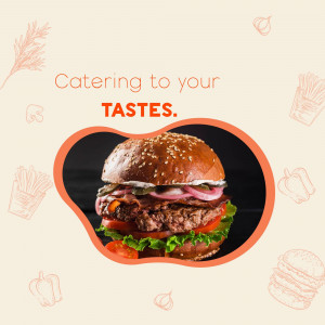 A close-up of a juicy burger with fresh ingredients, surrounded by food illustrations.