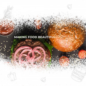 Overhead shot of a gourmet burger with toppings and ingredients.