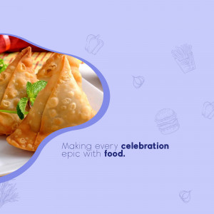 Close-up of golden-brown samosas with fresh mint, accompanied by food icons and a celebratory message.