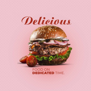 Close-up of a juicy burger with fresh ingredients on a pink background.