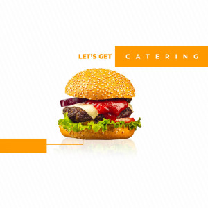 Close-up of a juicy cheeseburger with lettuce, tomato, and red onion, promoting catering services.