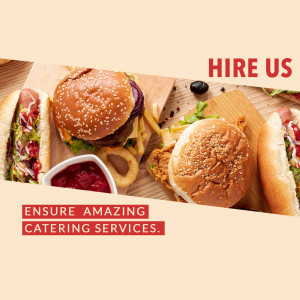 Assortment of burgers, hotdogs, and sides with 'Hire Us' and 'Ensure Amazing Catering Services' text.