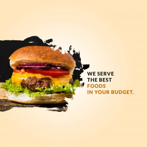 Close-up of a juicy burger with text 'We serve the best foods in your budget'
