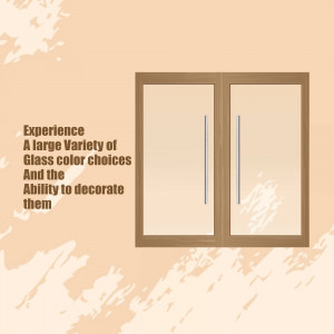 A brown framed double door with glass panels against a peach-colored textured background.