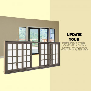 Image of brown sliding windows with text 'UPDATE YOUR WINDOWS. AND DOORS.'