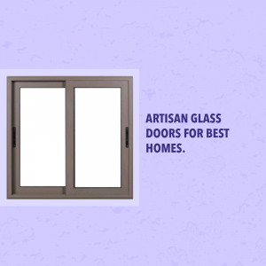 A modern sliding glass door with a dark frame against a light purple background.