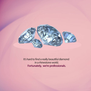 Close-up of sparkling diamond pieces on a pink background with text.