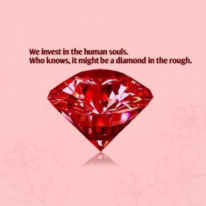 A sparkling red diamond with text about investing in human potential.